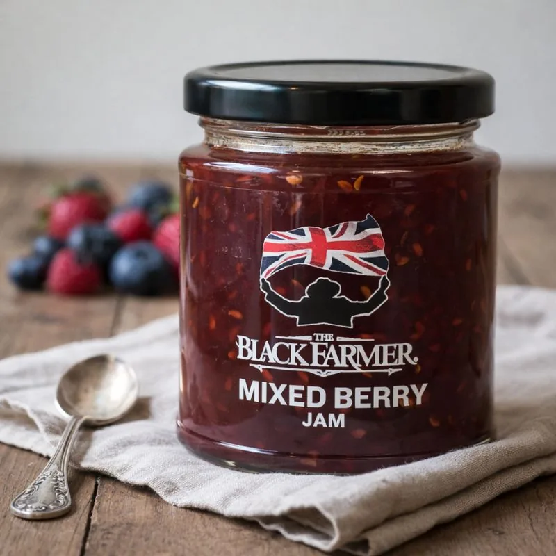 Frasco de Mixed Berry Jam sobre um pano de linho, com uma colher e frutos vermelhos ao fundo, ambiente gerado por IA